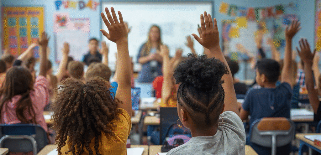 children raising hands overlay